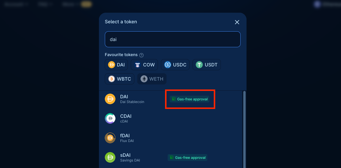 Token selector showing a list of tokens matching the filter 'DAI', where some have the tag 'Gas-free approval'